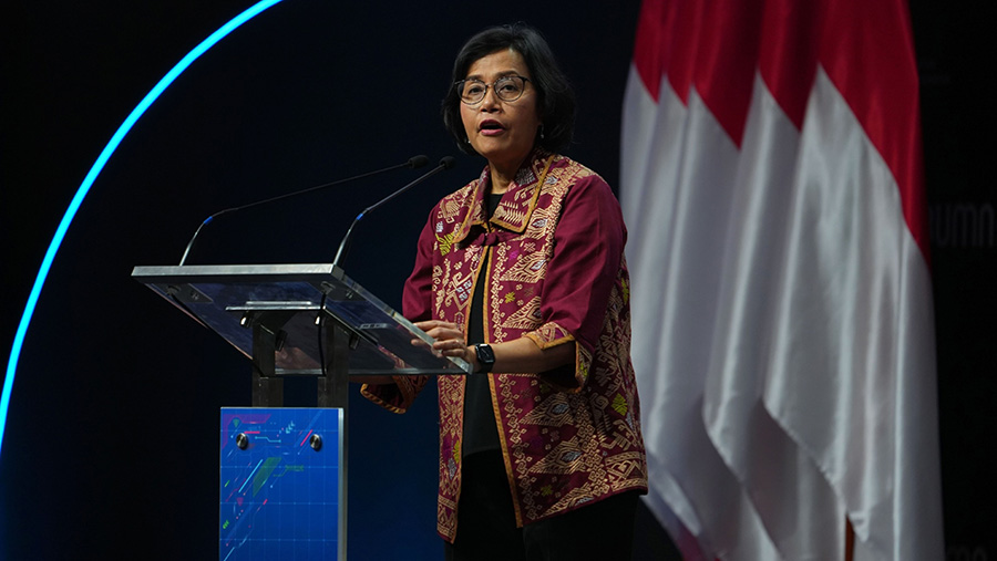 Menteri Keuangan (Menkeu), Sri Mulyani di Mandiri Investment Forum 2023. (Dimas Ardian/Bloomberg)