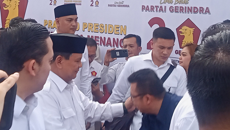 Prabowo Subianto hadir dalam gelaran HUT DPP partai Gerindra yang ke -15. (Bloomberg Technoz/ Sultan Ibnu Affan)
