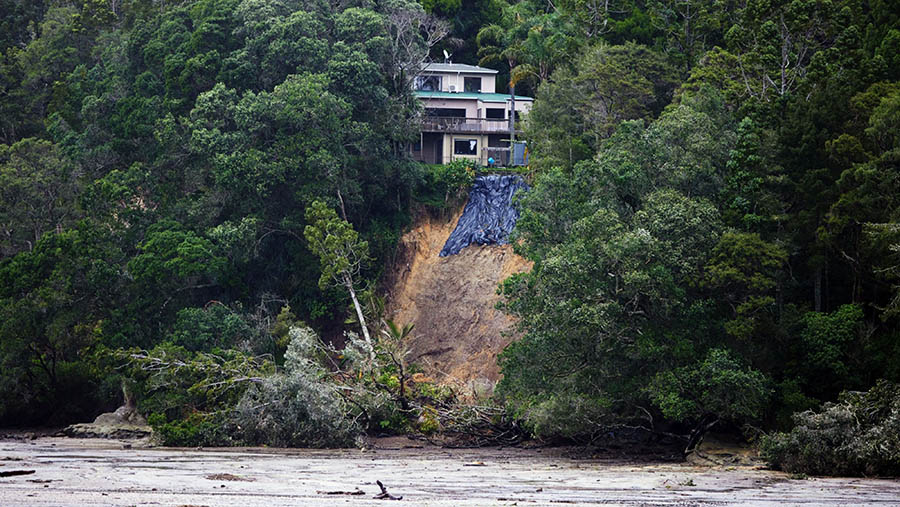 Layanan darurat sedang mencari petugas pemadam kebakaran yang hilang setelah terjebak dalam tanah longsor di Muriwai.. (Brendon O'Hagan/Bloomberg)