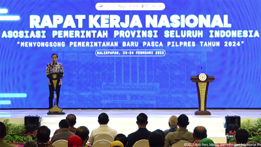 Pengarahan Presiden Jokowi pada Pembukaan Rakernas APPSI Tahun 2023, Balikpapan, Kamis (23/2/2023). (Tangkapan layar Youtube Sekretariat Presiden)