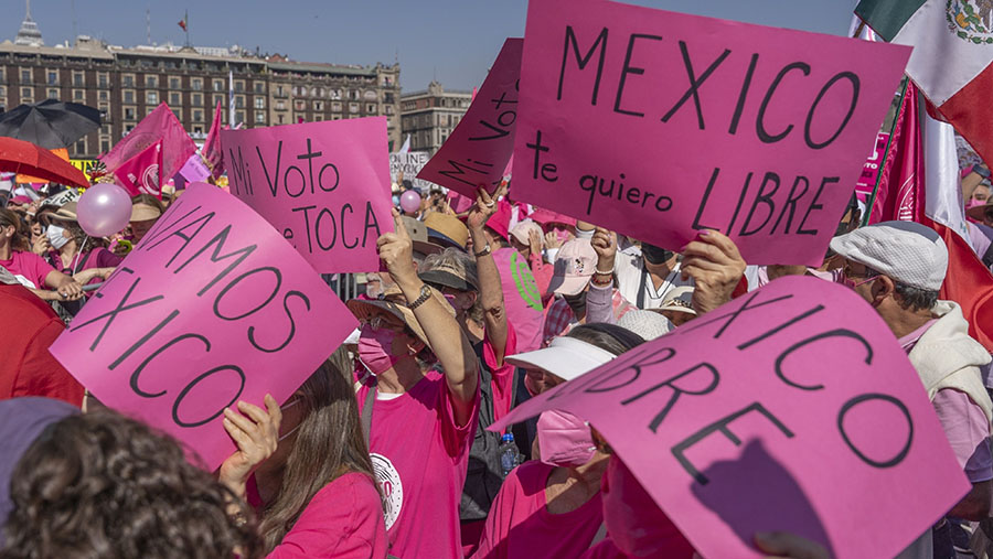 Pendemo memprotes perubahan pemilu yang diusulkan di Zocalo Square di Mexico City, Meksiko, Minggu (26/2/2023). (Alejandro Cegarra/Bloomberg)
