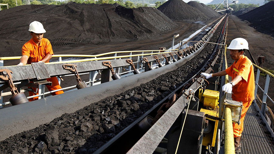 Pekerja memeriksa batu bara di tambang batu bara terbuka PT Bukit Asam di Tanjung Enim, Sumatera Selatan, Kamis (7/7/2011). (Dadang Tri/Bloomberg)