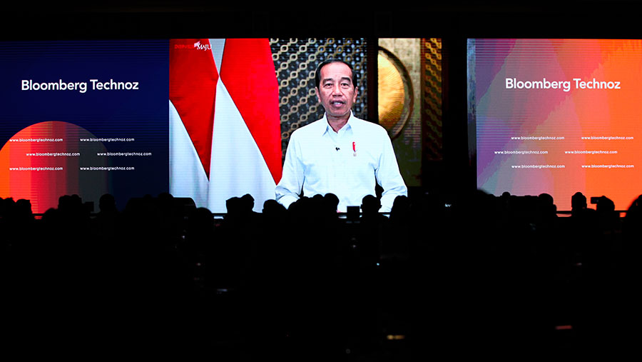 Video sambutan Presiden Joko Widodo (Jokowi) dalam acara ‘The Launch of Bloomberg Technoz’. (Bloomberg Technoz/ Andrean Kristianto)