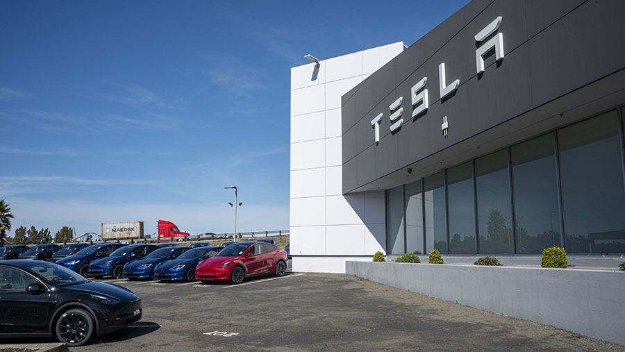 Mobil Tesla terparkir di showroom Tesla di Vallejo, California, AS, Kamis (2/3/2023). (David Paul Morris/Bloomberg)