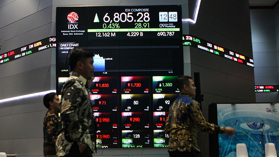 Karyawan dengan latar layar pergerakan saham (IHSG) di Bursa Efek Indonesia, Jakarta, Kamis (9/3/2023). (Bloomberg Technoz/ Andrean Kristianto)