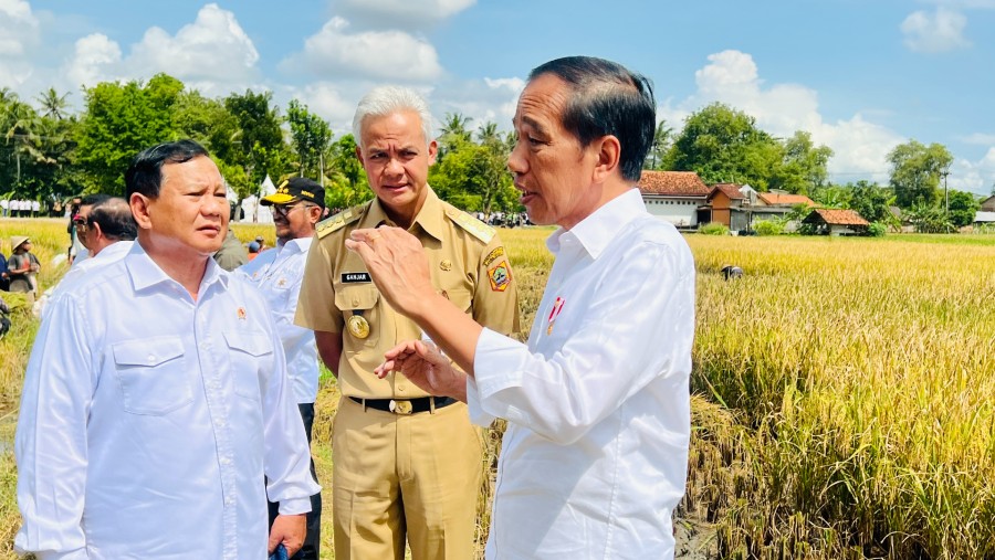 Presiden Jokowi bersama Prabowo dan Ganjar Pranowo saat Panen Raya di Kebumen (Dok Sekretariat Presiden)