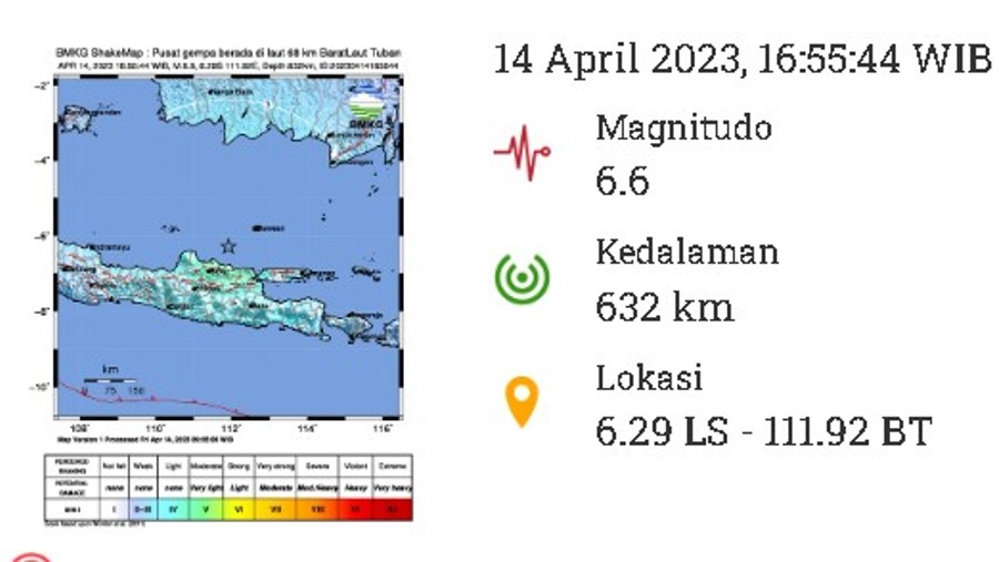 Peta guncangan gempa bumi di Tuban dan sekitarnya (bmkg.go.id)