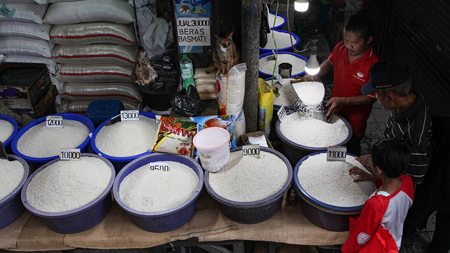 Pedagang melayani pembeli beras di Pasar Minggu, Jakarta, Selasa (18/4/2023). (Bloomberg Technoz/ Andrean Kristianto)