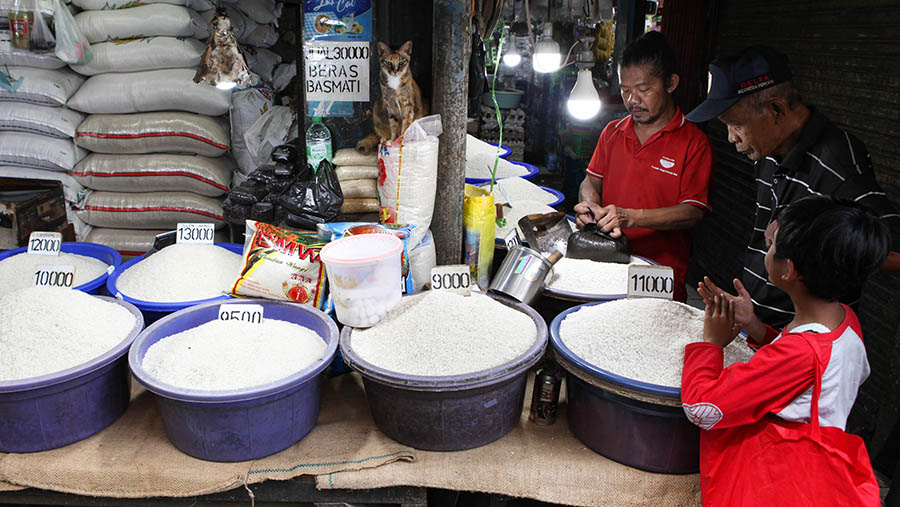 Pedagang melayani pembeli beras di Pasar Minggu, Jakarta, Selasa (18/4/2023). (Bloomberg Technoz/ Andrean Kristianto)