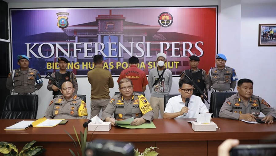 Konsfrensi pers penetapan anak dari AKBP Achiruddin Hasibuan sebagai tersangka kasus penganiayaan terhadap mahasiswa. (Instagram @poldasumaterautara)