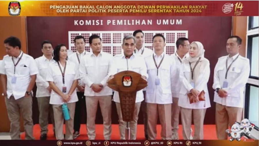 Partai Gerindra saat mendaftarkan bakal Caleg untuk Pemilu 2024. (Tangkapan layar Youtube Partai Gerindra)