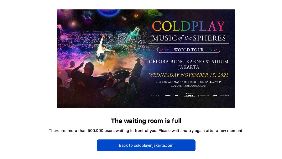 Situs pemesanan tiket Coldplay penuh. (dok coldplayjakarta.com)