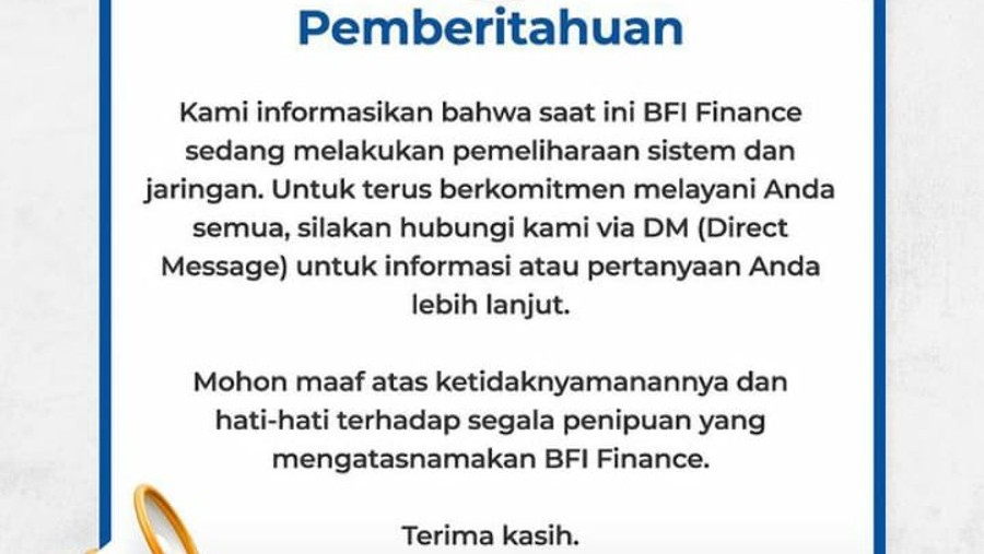 Pengumuman BFI Finance soal pemeliharaan sistem (Instagram BFI Finance)