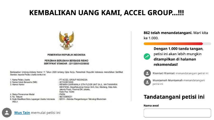 Petisi online anggota Accor Group Indonesia atas dugaan penipuan investasi bodong. ( dok tangkapan layar Charge.org)