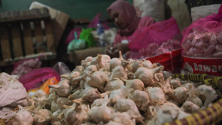 Pekerja mengupas bawang putih di Pasar Induk Kramat Jati, Jakarta, Senin (29/5/2023). (Bloomberg Technoz/ Andrean Kristianto)