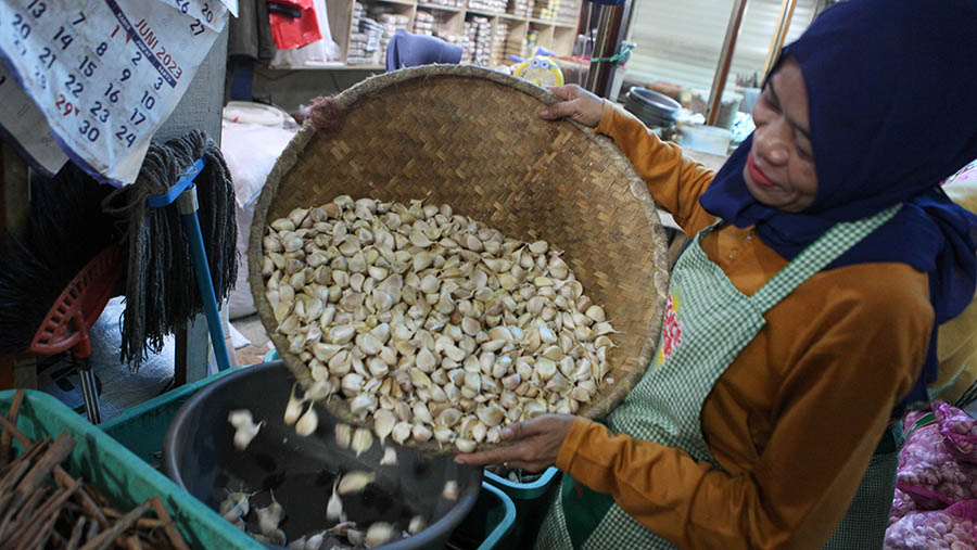 Pedagang membersihkan bawang putih di Pasar Induk Kramat Jati, Jakarta, Senin (29/5/2023). (Bloomberg Technoz/ Andrean Kristianto)