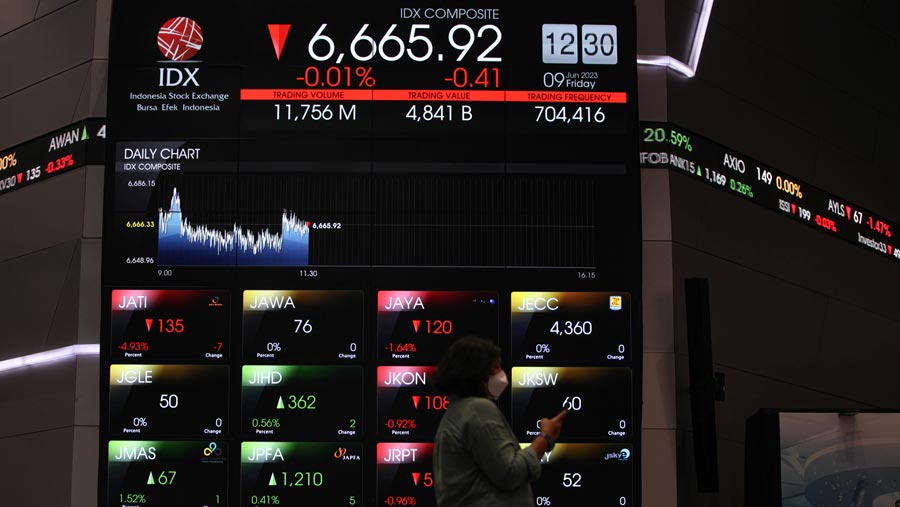 Karyawan melintas di dekat layar pergerakan Indeks Harga Saham Gabungan (IHSG) di Bursa Efek Indonesia (BEI). (Bloomberg Technoz/ Andrean Kristianto)