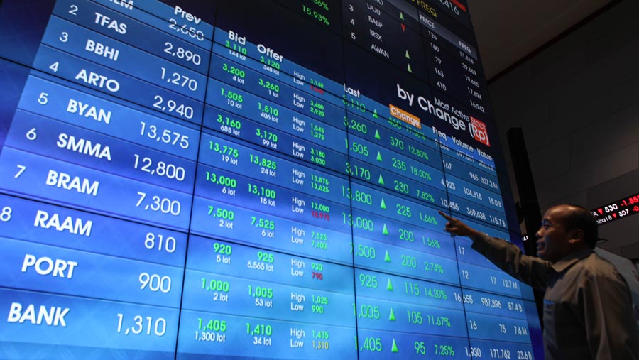 Karyawan melihat layar pergerakan Indeks Harga Saham Gabungan (IHSG) di Bursa Efek Indonesia (BEI). (Bloomberg Technoz/ Andrean Kristianto)