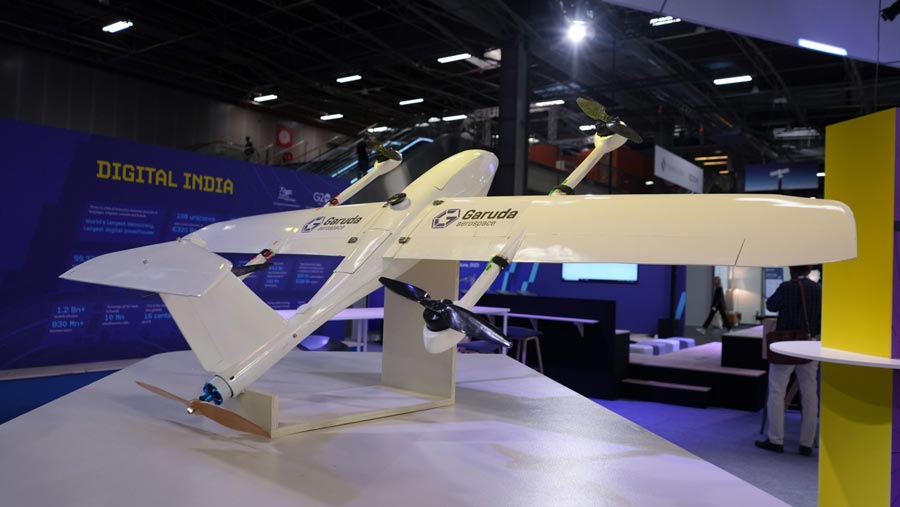 Drone Garuda Aerospace Ltd. di pamerkan dalam acara VivaTech di Paris, Prancis, Rabu (14/6/2023). (Nathan Laine/Bloomberg)