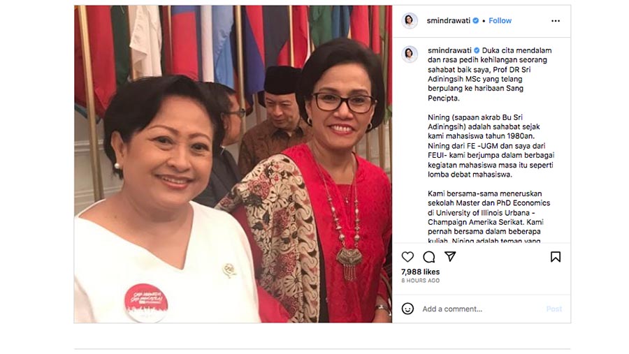 Menteri Keuangan Sri Mulyani dan Mantan Ketua Dewan Pertimbangan Presiden (Wantimpres) Sri Adiningsih  (Tangkapan Layar Instagram @smindrawati)