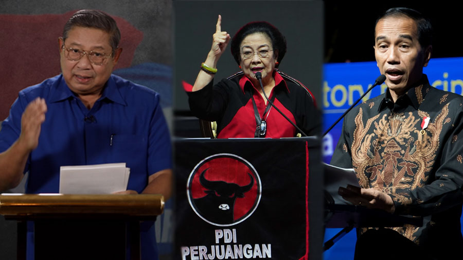 Foto kolase: Susilo Bambang Yudhoyono, Megawati Soekarnoputri dan Joko Widodo. (Foto: DPP-PD, Dimas Ardian/Bloomberg, SeongJoon Cho/Bloomberg)