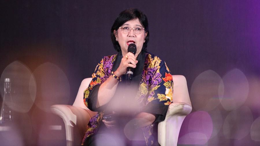 Deputi Gubernur Senior BI, Destry Damayanti saat acara ‘Women on The Move' di Jakarta, Rabu (21/6/2023). (Bloomberg Technoz/ Andrean Kristianto)