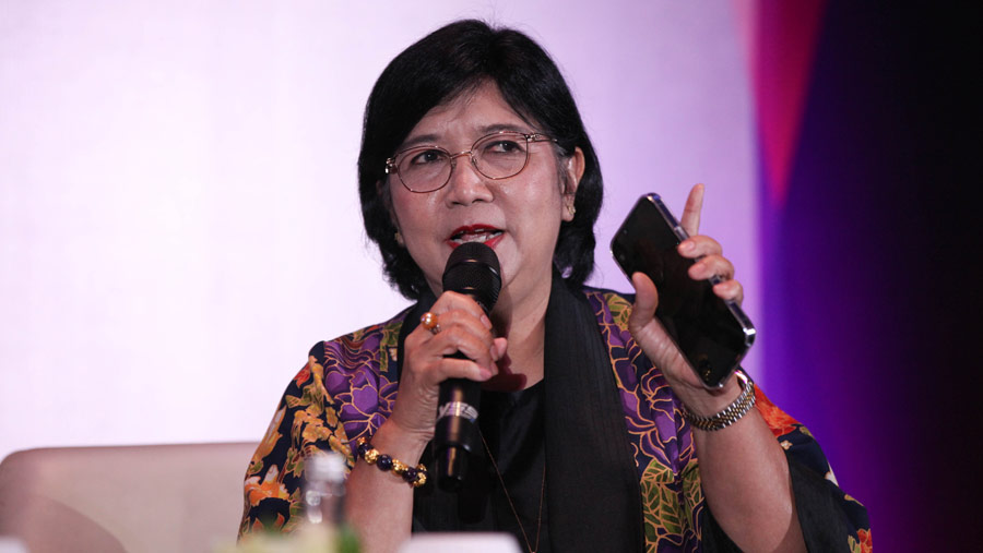 Deputi Gubernur Senior BI, Destry Damayanti saat acara ‘Women on The Move' di Jakarta, Rabu (21/6/2023). (Bloomberg Technoz/ Andrean Kristianto)