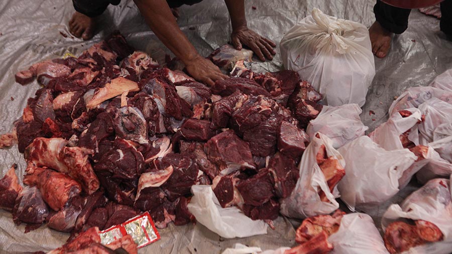 Masjid Cut Meutia melakukan pemotongan daging kurban sejak pagi hari. (Bloomberg Technoz/ Andrean Kristianto)