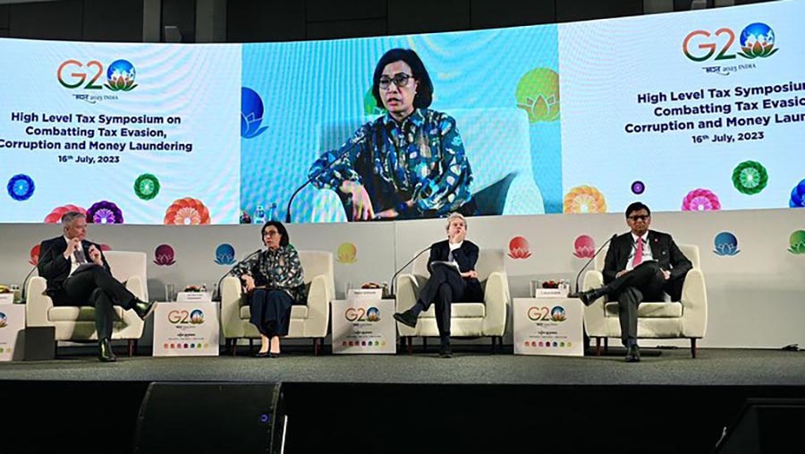 Sri Mulyani menghadiri event G20 High Level Tax Symposium on Combatting Tax Evasion, Corruption and Money Laundering di India (Instagram @smindrawati)