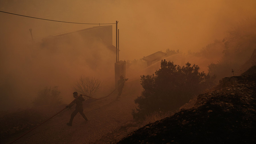 Petugas memadamkan gedung yang terbakar saat kebakaran hutan di Saronida, selatan Athena, Yunani, Senin (17/7/2023). (Nick Paleologos/Bloomberg)