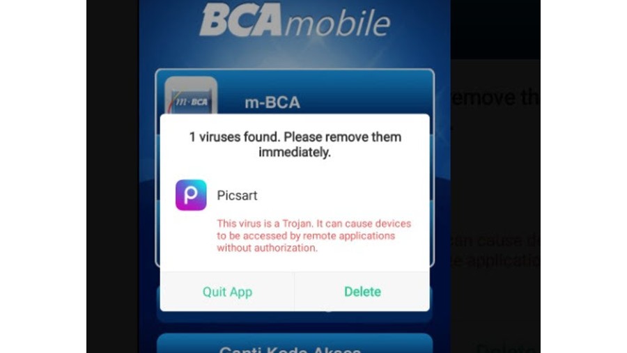 Ilustrasi pop up virus pada aplikasi BCA. (dok tangkapan layar)