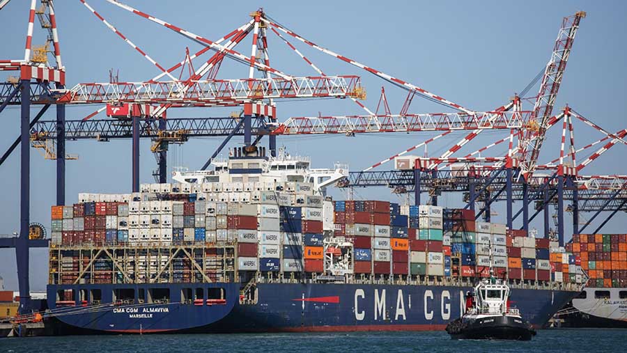 Kapal kontainer CMA CGM SA Almaviva, berlabuh di Pelabuhan Cape Town, Afrika Selatan, Rabu (8/2/2023). (Dwayne Senior/Bloomberg)