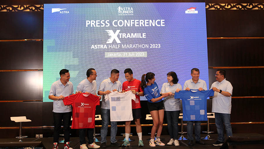 Konfrensi pers Xtramile Astra Half Marathon 2023 di Jakarta, Senin (31/7/2023). (Bloomberg Technoz/ Andrean Kristianto)