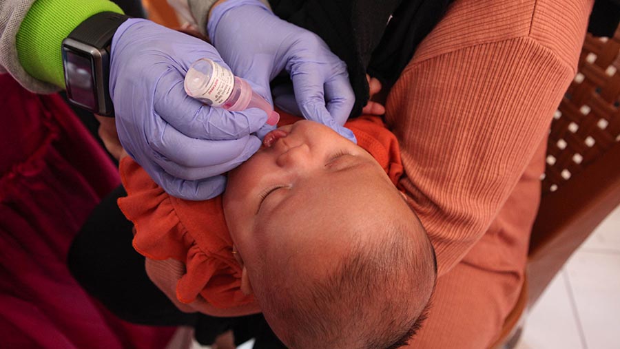 Petugas memberikan imunisasi rotavirus kepada bayi di Ciledug, Kota Tangerang, Banten, Selasa (15/8/2023). (Bloomberg Technoz/ Andrean Kristianto)