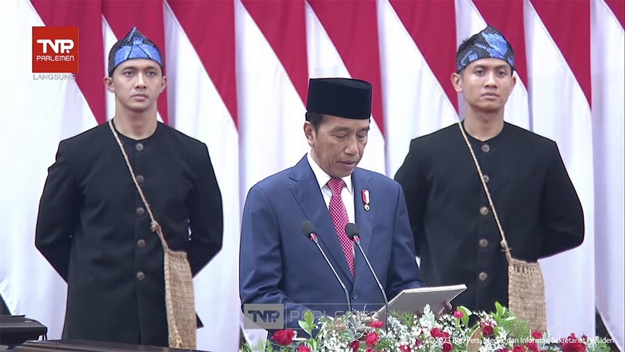 Pidato Presiden Jokowi dalam rangka Penyampaian RUU APBN 2024 dan Nota Keuangan. (Tangkapan Layar Youtube Sekretariat Presiden)
