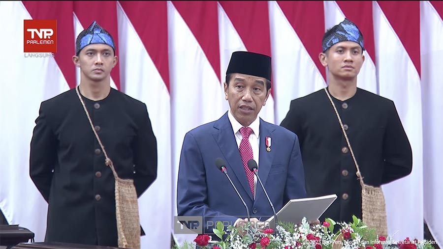 Pidato Presiden Jokowi dalam rangka Penyampaian RUU APBN 2024 dan Nota Keuangan. (Tangkapan Layar Youtube Sekretariat Presiden)