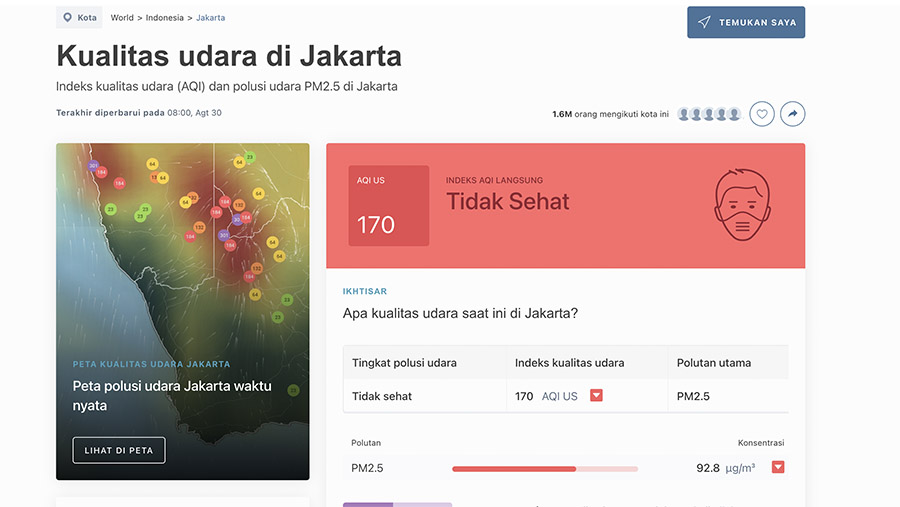 Kualitas Udara Jakarta, Rabu (30/8/2023) pukul 08.00. (Sumber iqair.com)