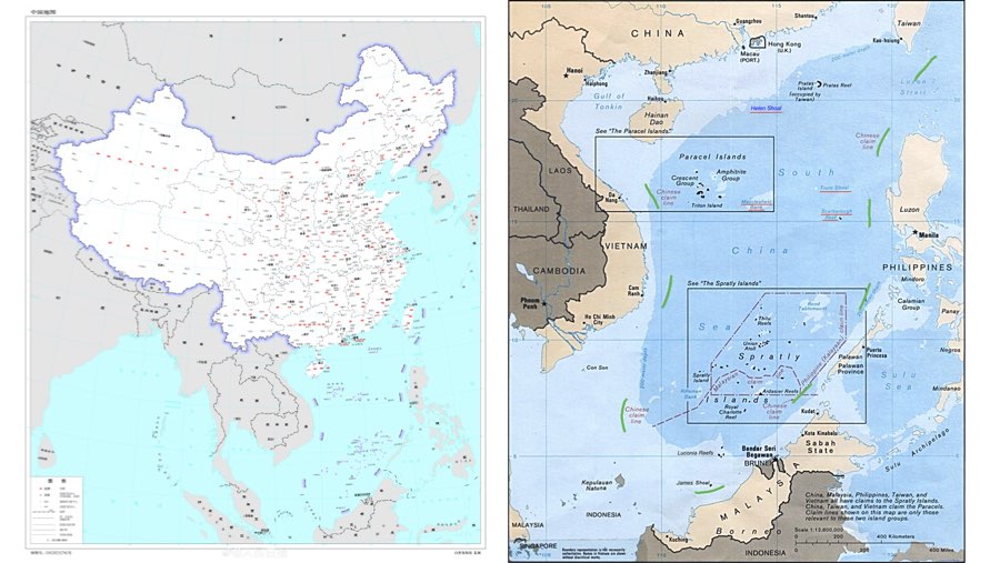 Peta baru China 2023 (kiri), peta keterangan nine dash line (kanan). (Bloomberg Technoz)