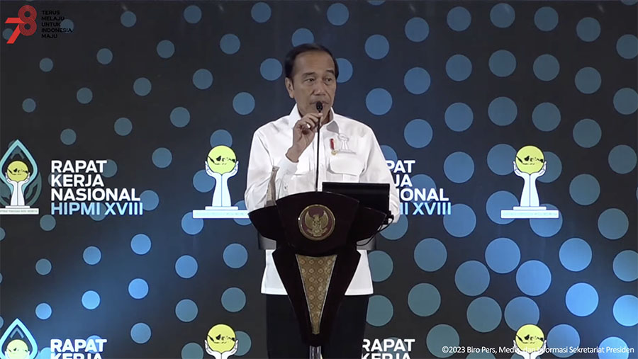 Sambutan Presiden Jokowi Pada Pembukaan Rakernas XVIII HIPMI Tahun 2023, 31 Agustus 2023. (Tangkapan Layar Youtube Sekretariat Presiden)