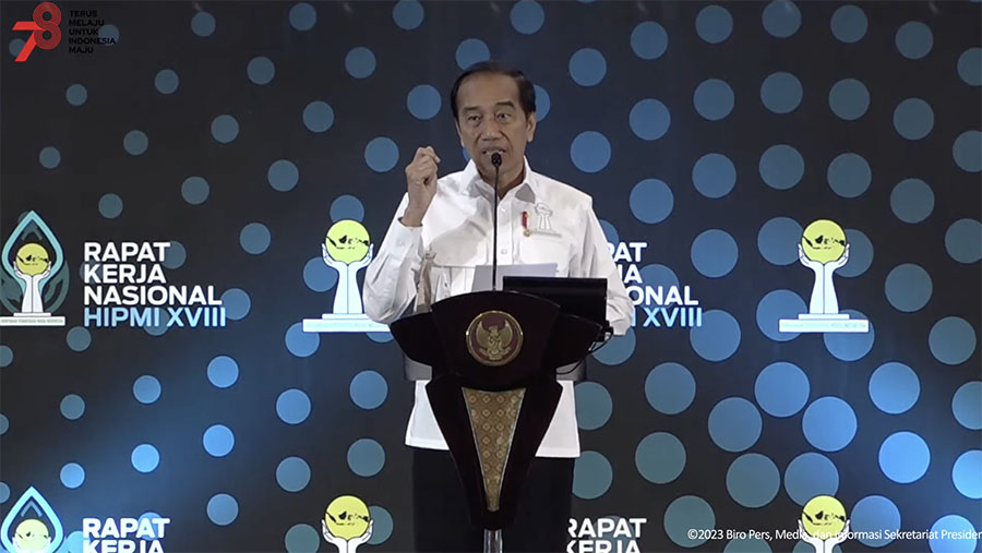 Sambutan Presiden Jokowi Pada Pembukaan Rakernas XVIII HIPMI Tahun 2023, 31 Agustus 2023. (Tangkapan Layar Youtube Sekretariat Presiden)