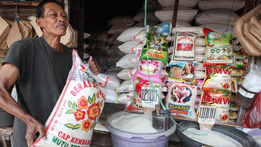 Pedagang membawa beras di Pasar Minggu, Senin (11/9/2023). (Bloomberg Technoz/ Andrean Kristianto)