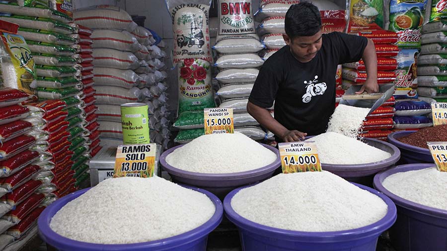 Pedagang beras melayani pembeli di Pejaten, Senin (11/9/2023). (Bloomberg Technoz/ Andrean Kristianto)