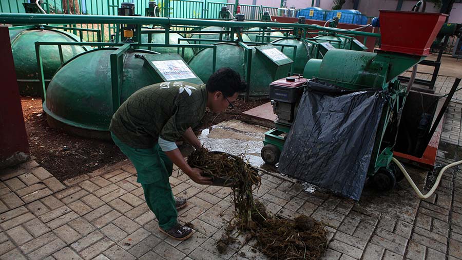 Petugas melakukan pencacahan kotoran hewan di Taman Margasatwa Ragunan (TMR), Jakarta, Kamis (21/9/2023). (Bloomberg Technoz/ Andrean Kristianto)