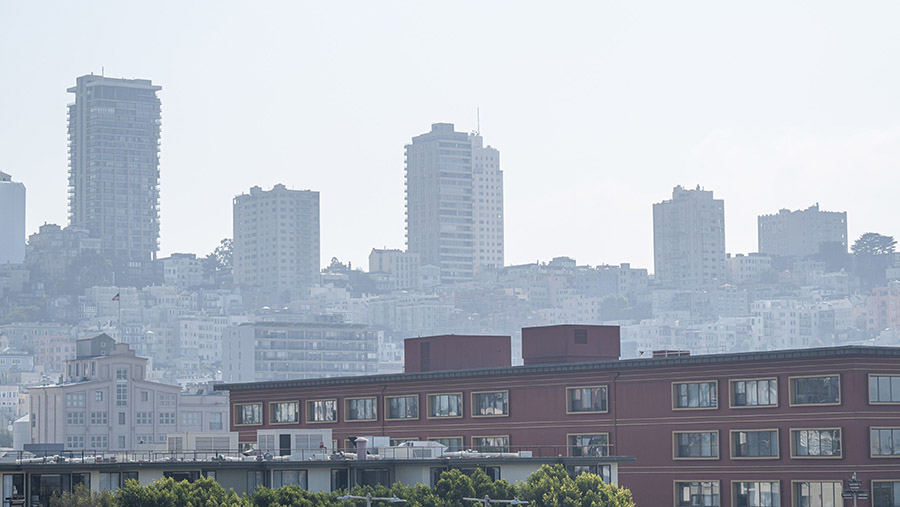 Asap dari kebakaran hutan di San Francisco, California, AS, Rabu (20/9/2023). (David Paul Morris/Bloomberg)