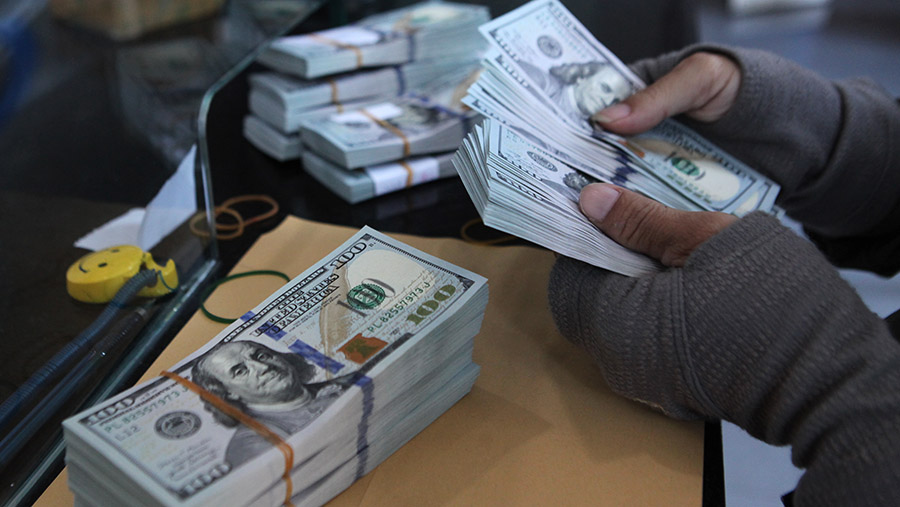 Pelanggan menghitung uang dolar AS di salah satu pusat penukaran uang di Jakarta, Rabu (11/10/2023). (Bloomberg Technoz/Andrean Kristianto)
