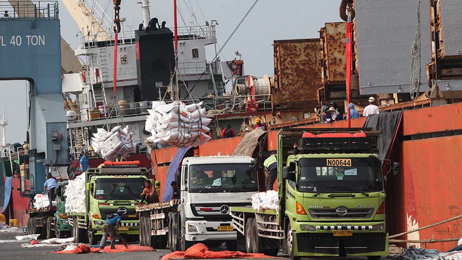 Bongkar muat beras bulog impor dari Vietnam di Pelabuhan Tanjung Priok, Jakarta, Kamis (12/10/2023). (Bloomberg Technoz/Andrean Kristianto)

