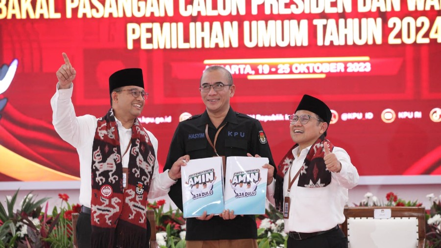 Pasangan bakal capres-cawapres Anies Baswedan-Muhaimin Iskandar (Bloomberg Technoz/Mis Fransiska)