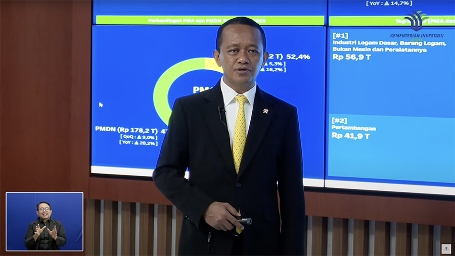 Menteri Investasi/Kepala BKPM Bahlil Lahadalia saat capaian realisasi investasi Triwulan III (Juli-September) Tahun 2023. (Youtube  BKPM)