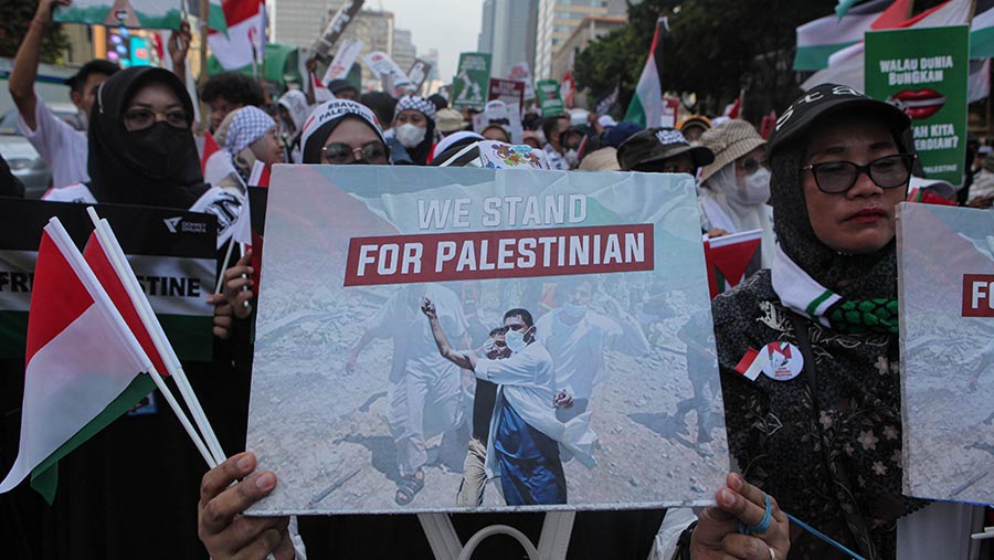 Aksi demo bela Palestina di depan kantor perwakilan PBB di Jakarta, (20/10/2023)(Bloomberg Technoz/Andrean Kristianto)