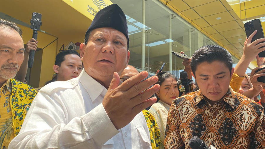 Prabowo Subianto saat Rapat Pimpinan Nasional (Rapimnas) Partai Golkar. (Bloomberg Technoz/Dovana Hasiana)